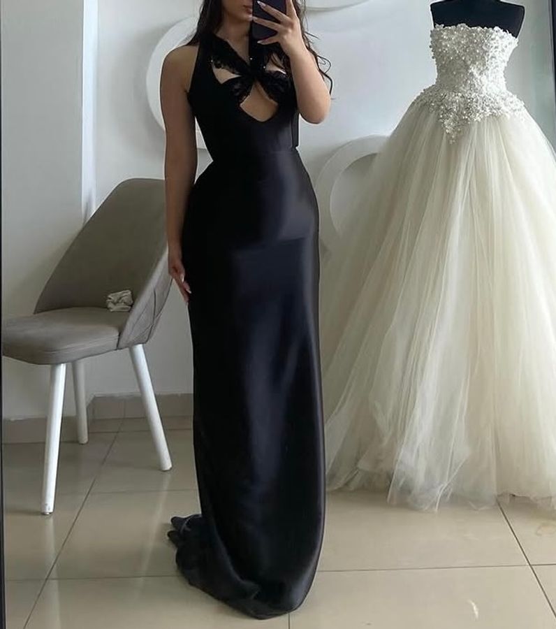 Elegant Black Satin Evening Dress with Butterfly Lace Detail