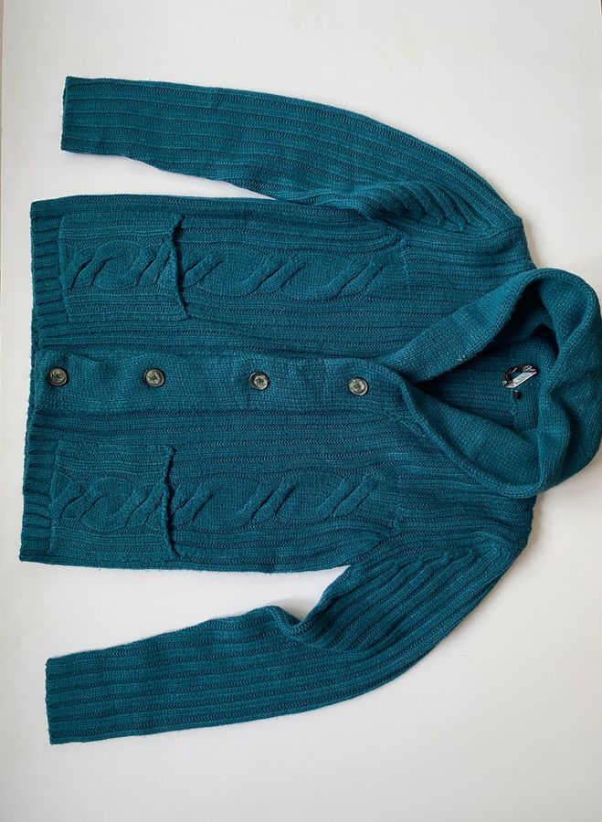 Teal Shawl Collar Button-Up Cardigan Sweater