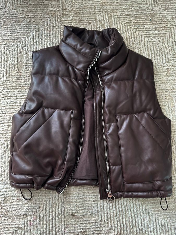 Pull&Bear cropped PU vest with pockets in brown