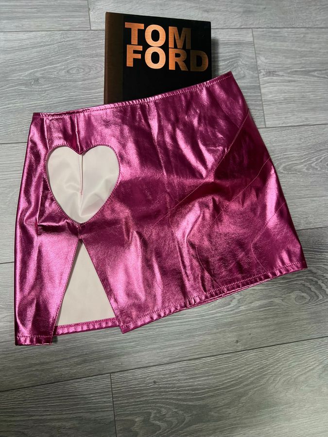 Metallic Pink Mini Skirt with Heart Cutout & Side Slit