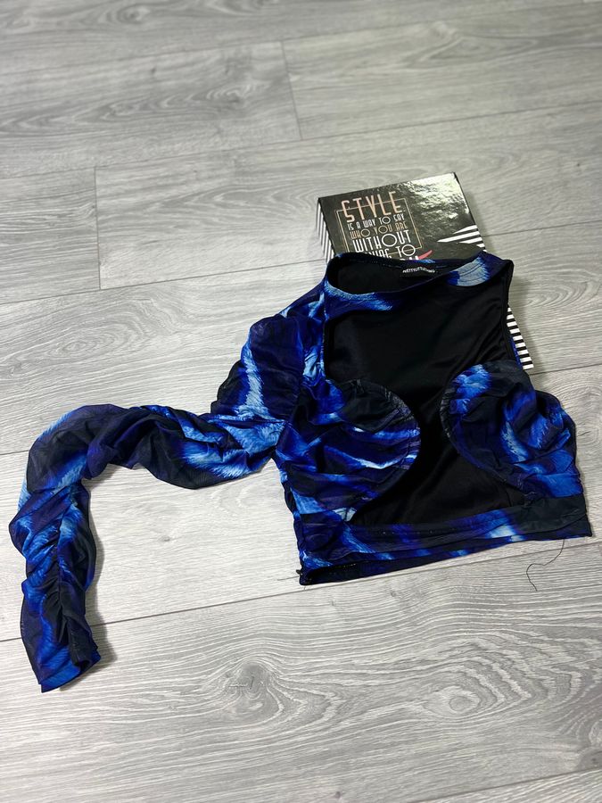 Asymmetrical Mesh Long Sleeve Top – Blue Flame Print