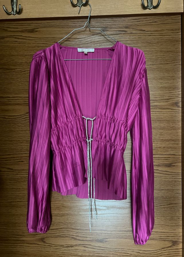 WAYF Payton Tie Front Long Sleeve Blouse Women's Cardigan Rhinestone Pink