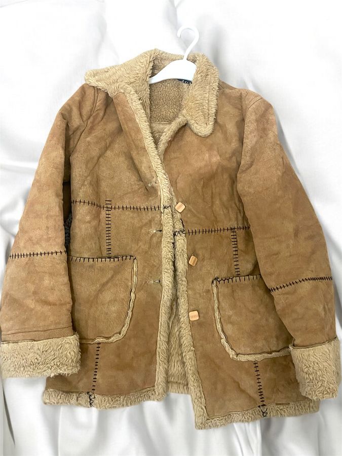 Vintage Brown Shearling Coat with Stitched Accents