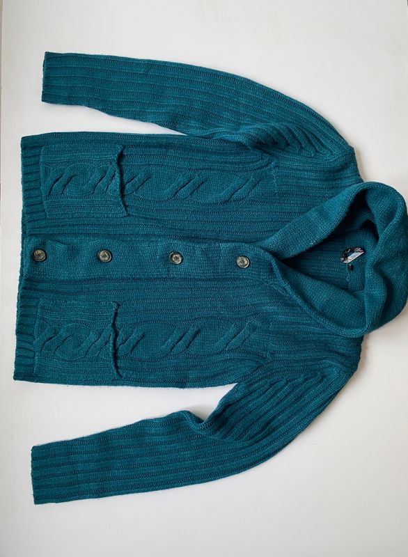 Teal Shawl Collar Button-Up Cardigan Sweater 1