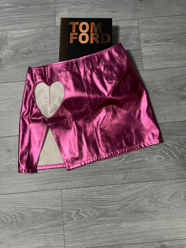 Metallic Pink Mini Skirt with Heart Cutout & Side Slit 2