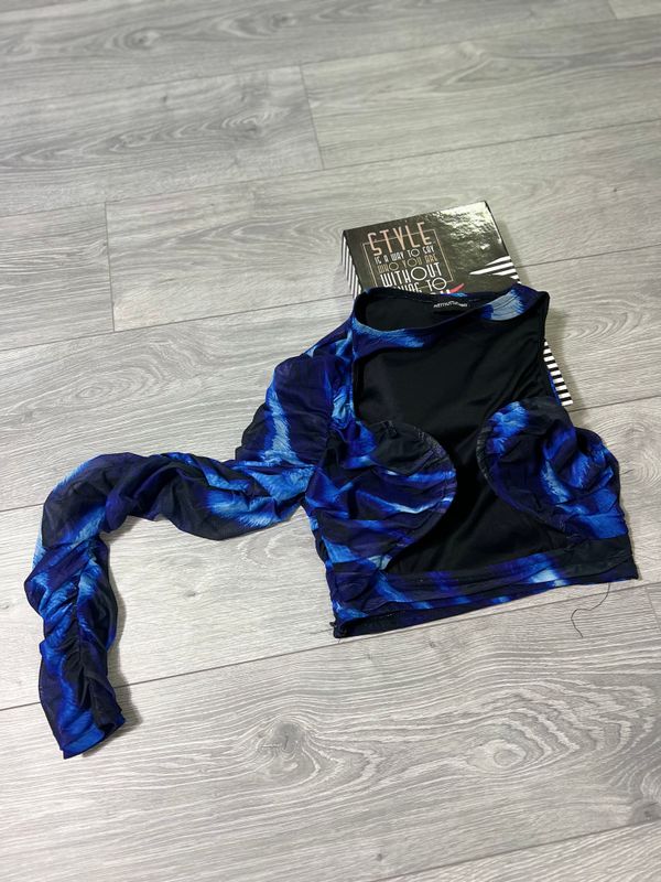 Asymmetrical Mesh Long Sleeve Top – Blue Flame Print 2