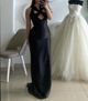 Elegant Black Satin Evening Dress with Butterfly Lace Detail 1